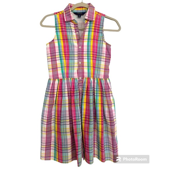 Polo Ralph Lauren Girls Pink Blue Multi Color Cotton Madras Shirt Dress Size 14 - Picture 7 of 7